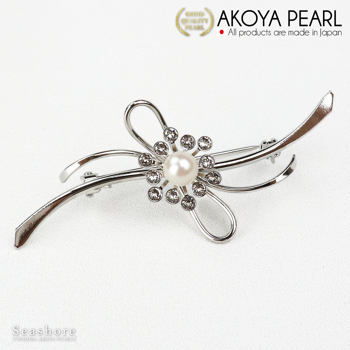 珍珠胸针波浪线丝带黄铜白色 6.5-7.0 毫米 Akoya 珍珠带收纳盒 (3928) 