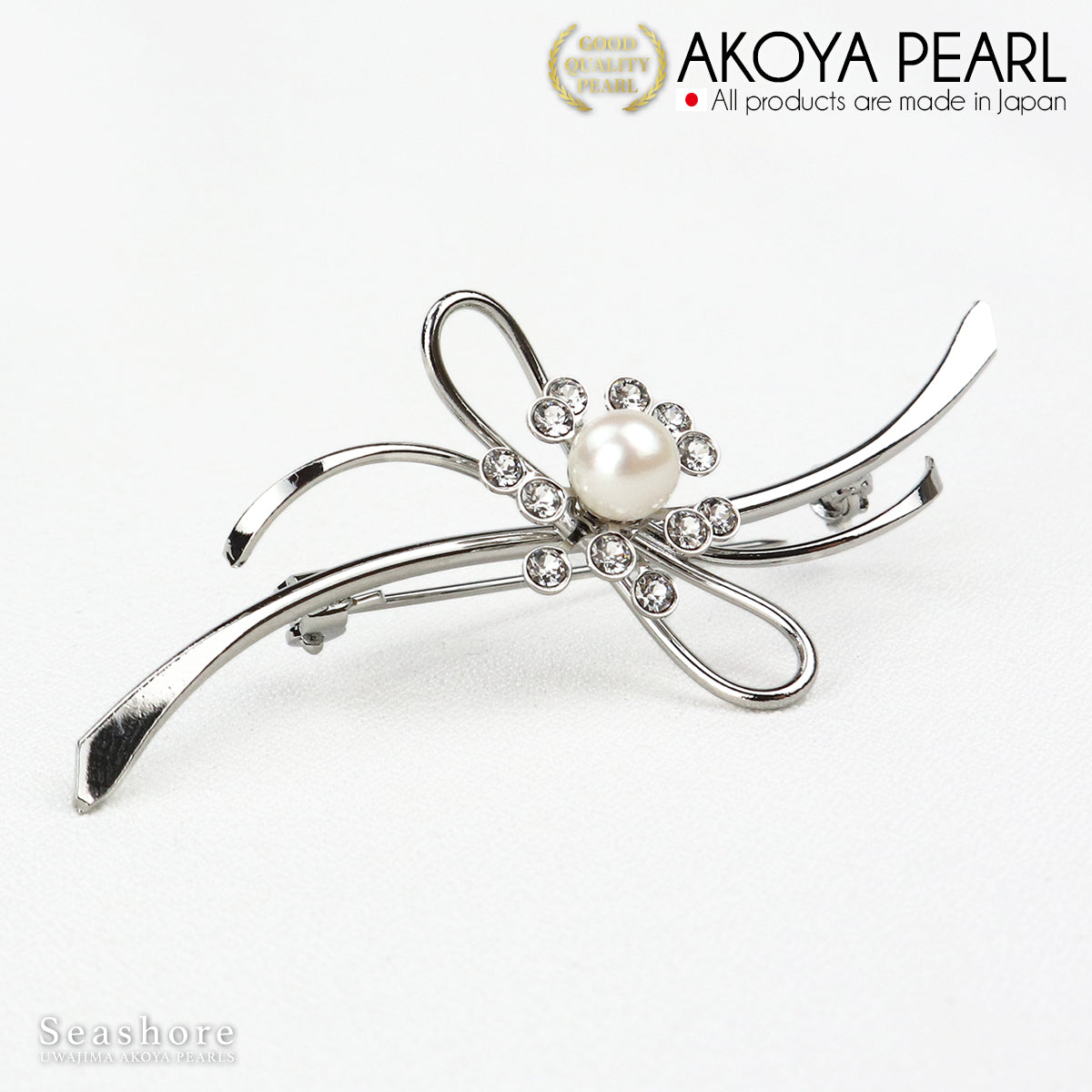 Pearl Brooch Wave Line Ribbon Brass White 6.5-7.0mm Akoya Pearl with Storage Case (3928) 