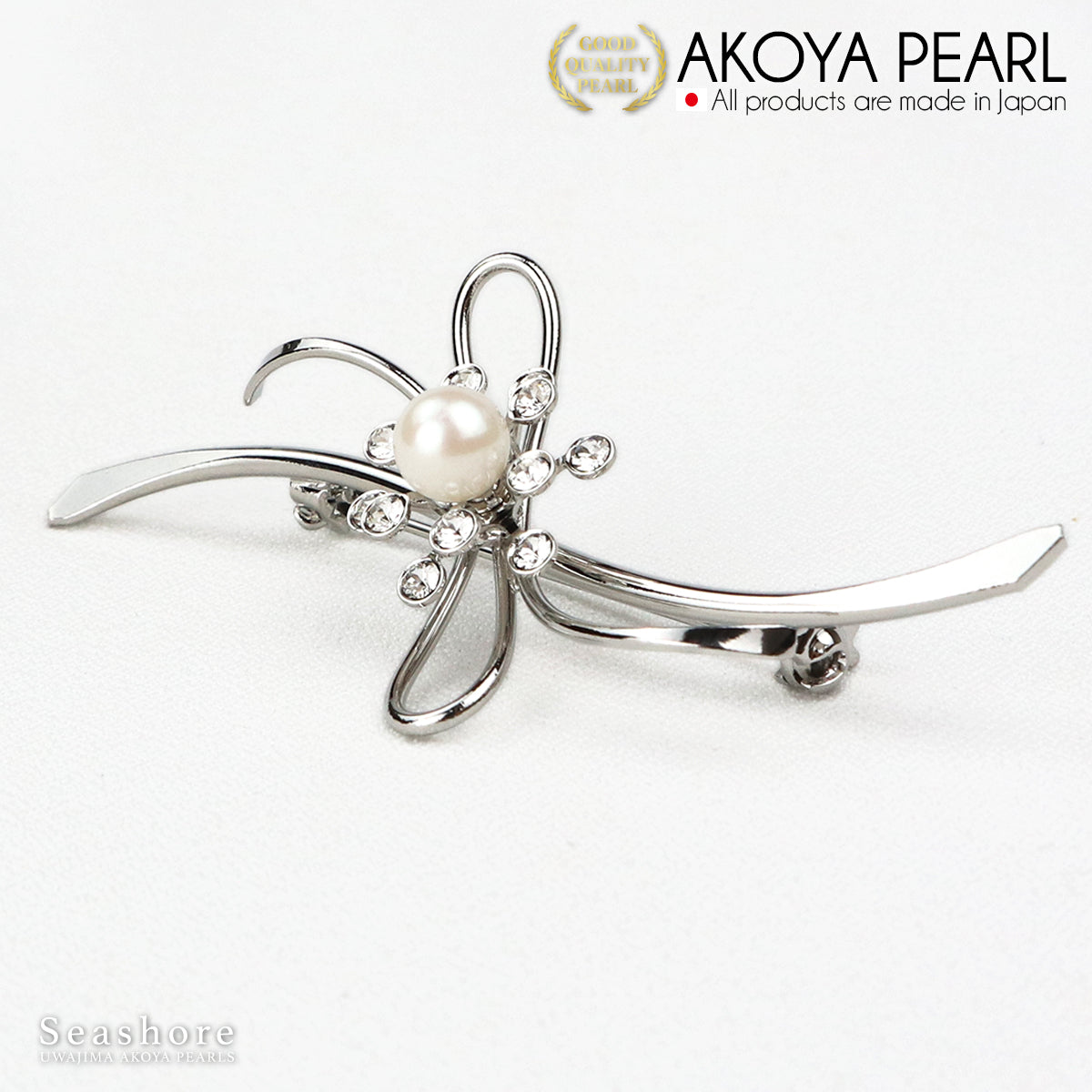 珍珠胸针波浪线丝带黄铜白色 6.5-7.0 毫米 Akoya 珍珠带收纳盒 (3928) 